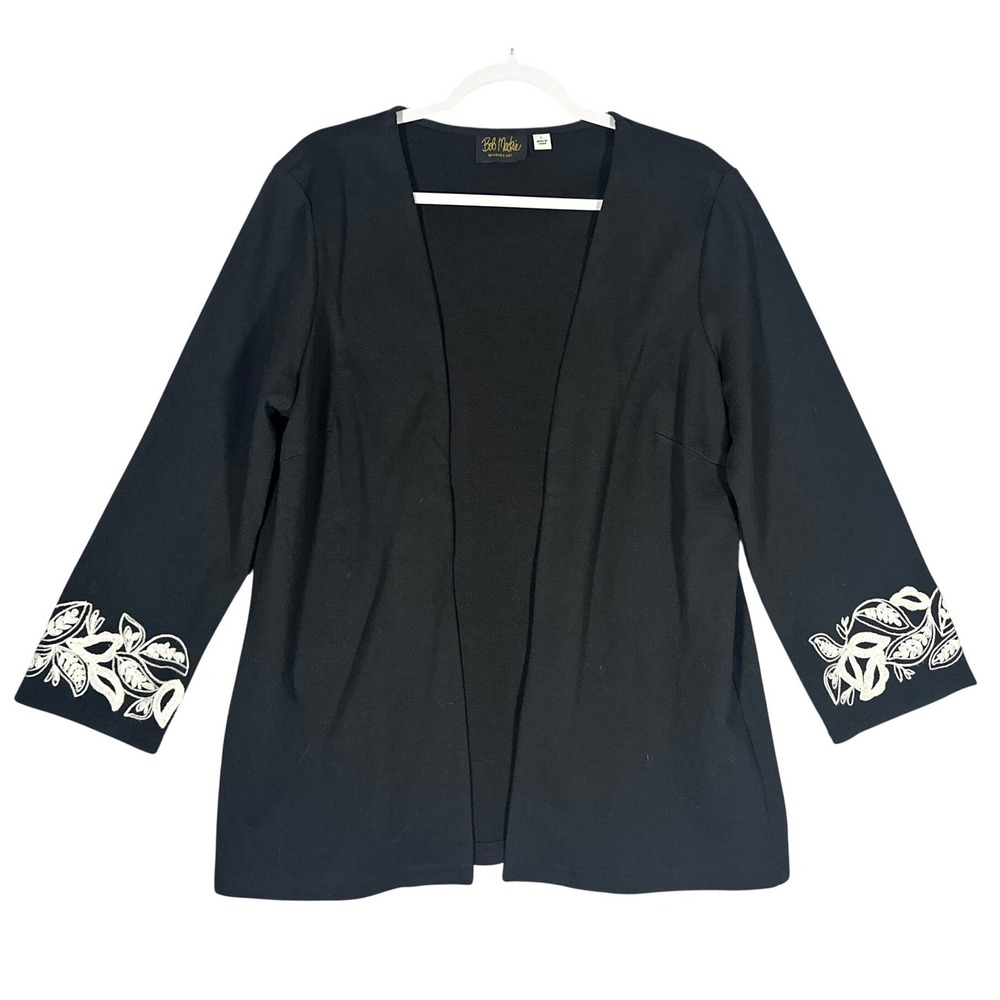 Bob Mackie Wearable Art Black Embroidered Open Front Cardigan Jacket Sz L Artsy